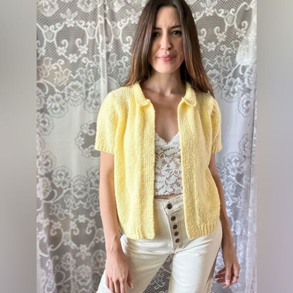 Vintage LeRoy Knitwear Acrylic Open Front Short Sleeve Yellow Cardigan - Picture 9 of 13